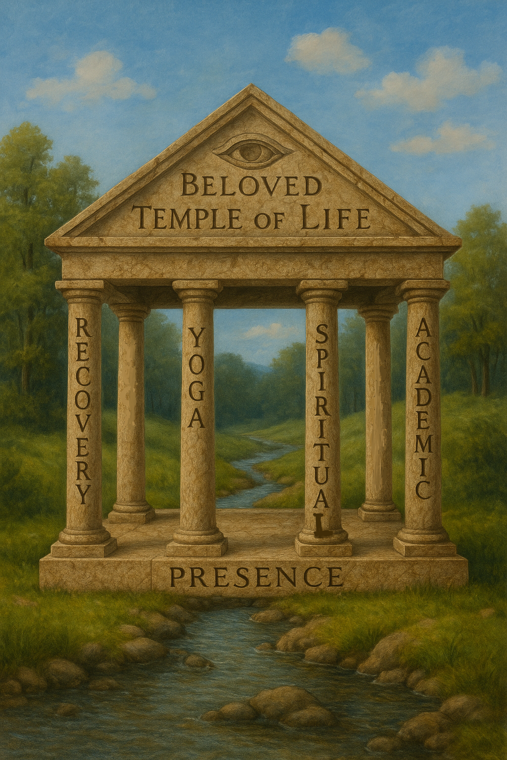 Beloved Temple of Life by the stream — four pillars rising from a stone foundation with an engraved roof.